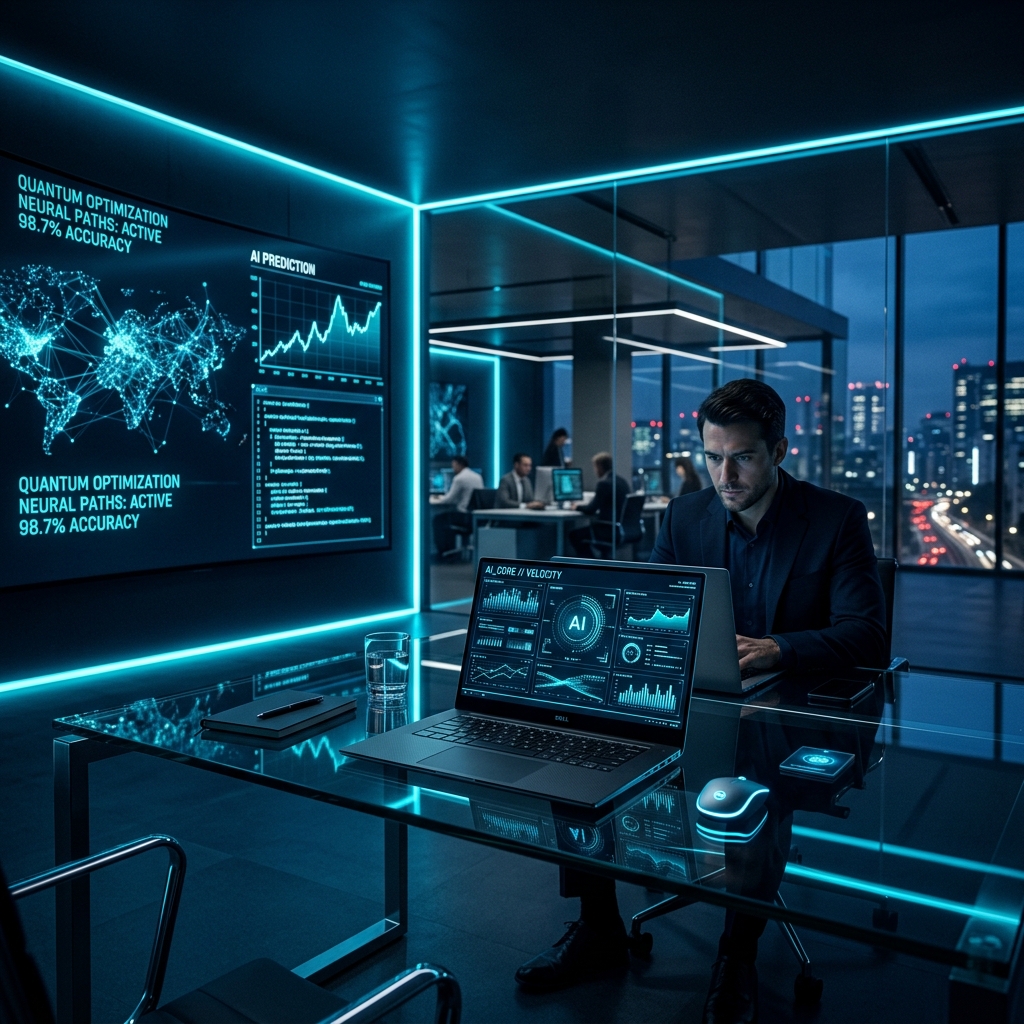 Futuristic corporate office with AI dashboards