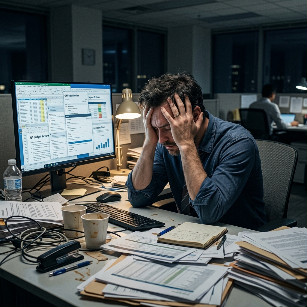 Stressed employee overwhelmed by manual processes