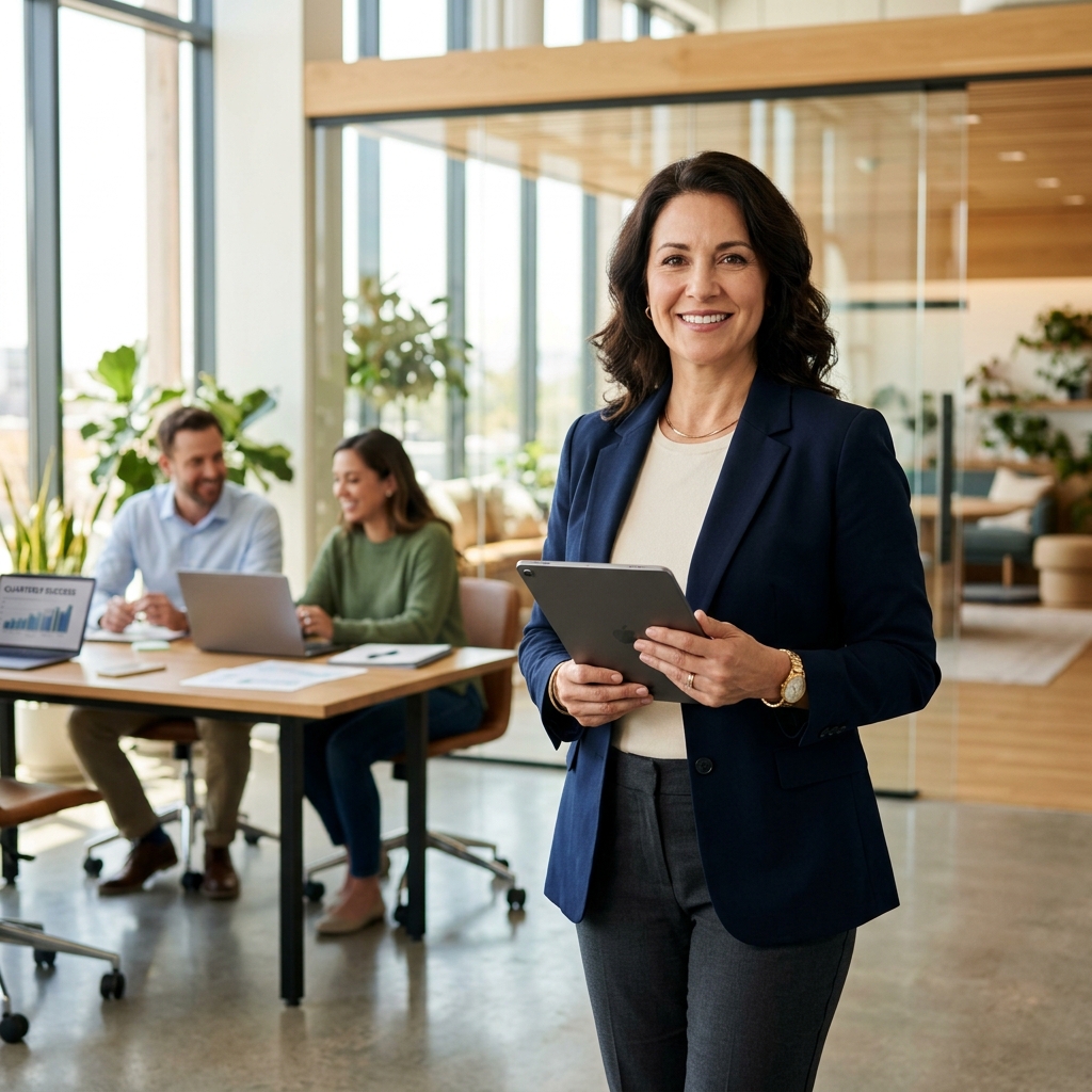 Confident business leader with successful team